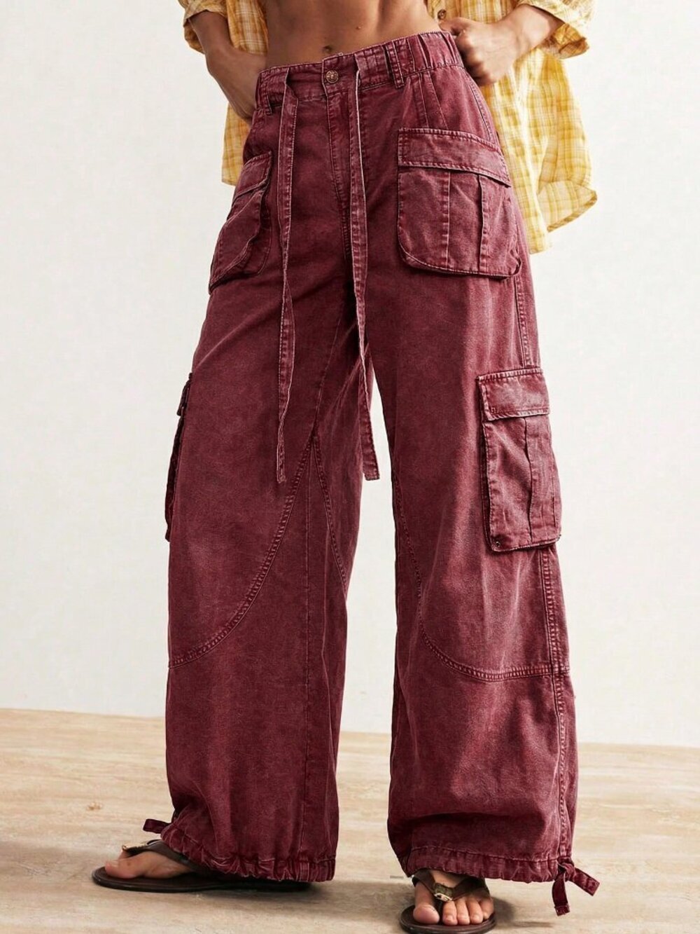 Burgundy Casual Women's Woven Loose Drawstring Waist Low-Rise Wide Leg Pants - Picture 7 of 10
